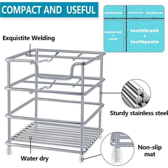 Stainless Steel Toothbrush Holder Bathroom Organizer Rustproof Toothpaste Stand - Picture 5 of 8